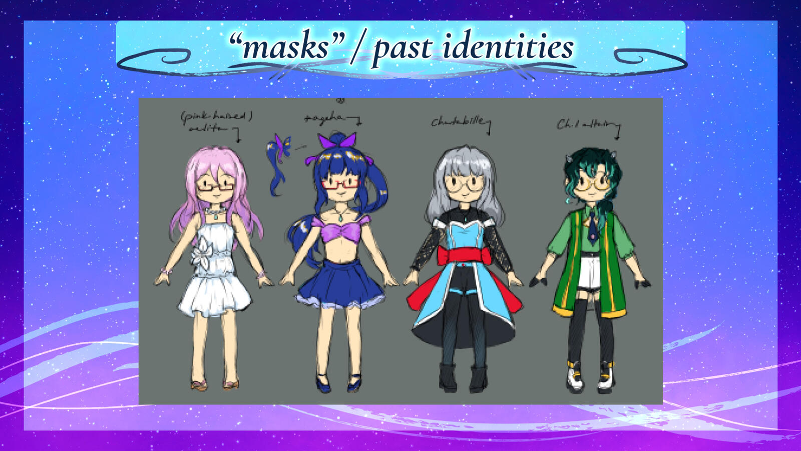 From left to right: "aelita (pink-haired variant)", *ageha, chantabille (pronounced "cantabile"), and Chapter One altair. The past identities are also a representation of altair's transgender journey and his past as a youtaite-kaigai idol.